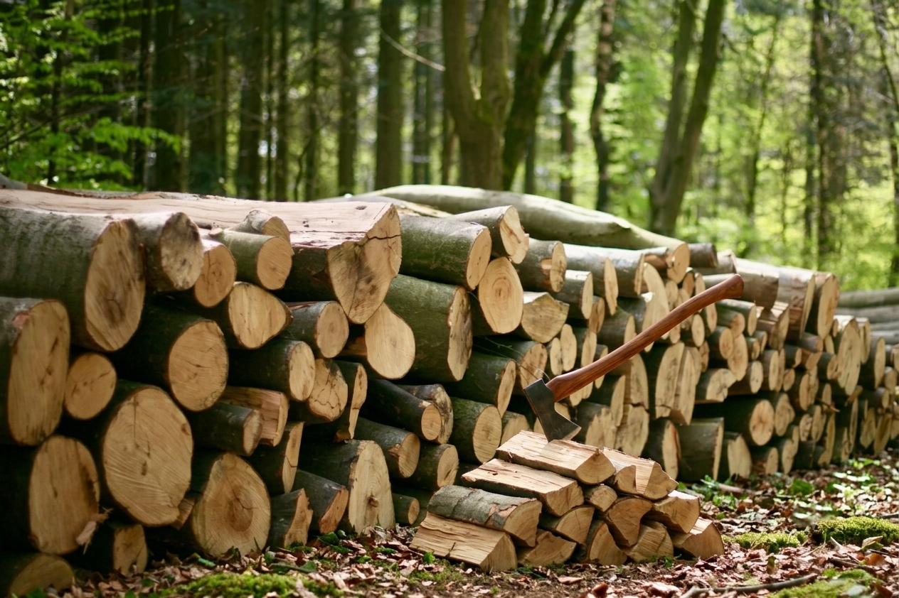 Bois de hêtre brut en billons prêt à être livré par camion